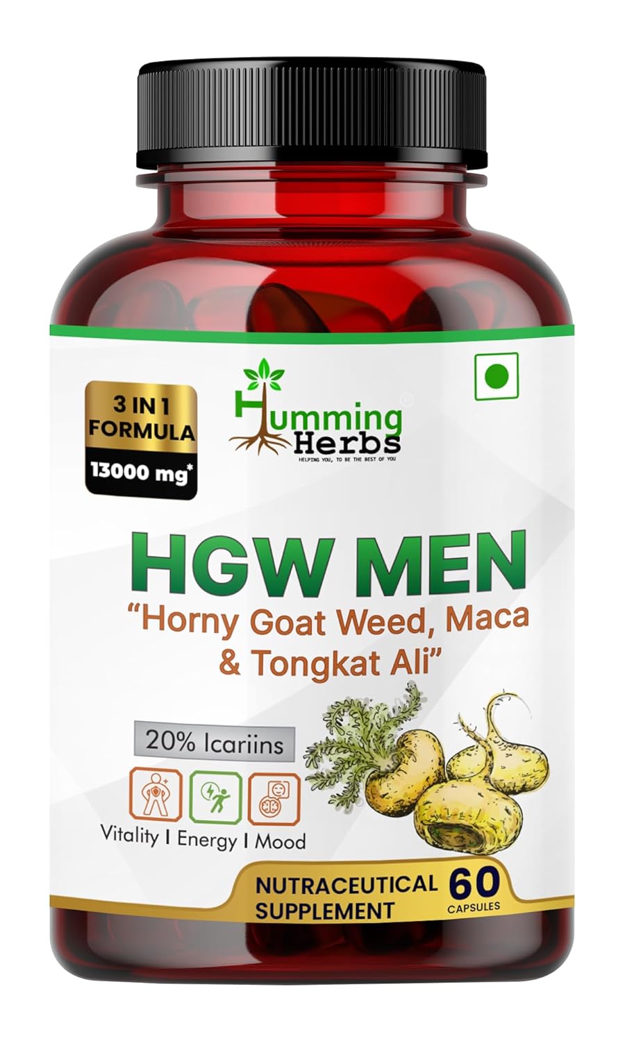 Humming Herbs Horny Goat Weed Extract with Maca Root Powder 1000mg | Tongkat Ali | Supports Strength, Stamina, Performance, Energy, 60 Veg Capsules