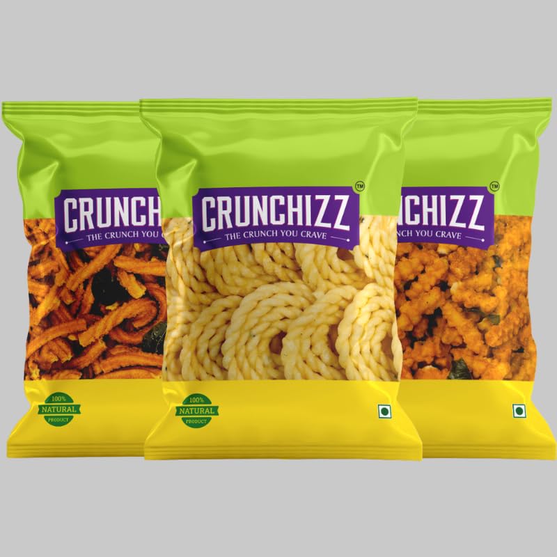 CRUNCHIZZ - 3 in 1 CHAKLI COMBO I GHEE Murukku, RICE Murukku, TOMATO Murukku I Traditional South Indian Recipe I No Artificial Additives I Authentic & Crunchy I 250 Gram Each I Total 750 Grams