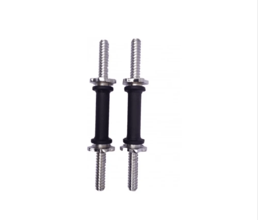 A pair of 15-inch, 1-inch diameter, steel, rubber-coated, weightlifting barbells with a 1-inch diameter hole for attaching weight plates.