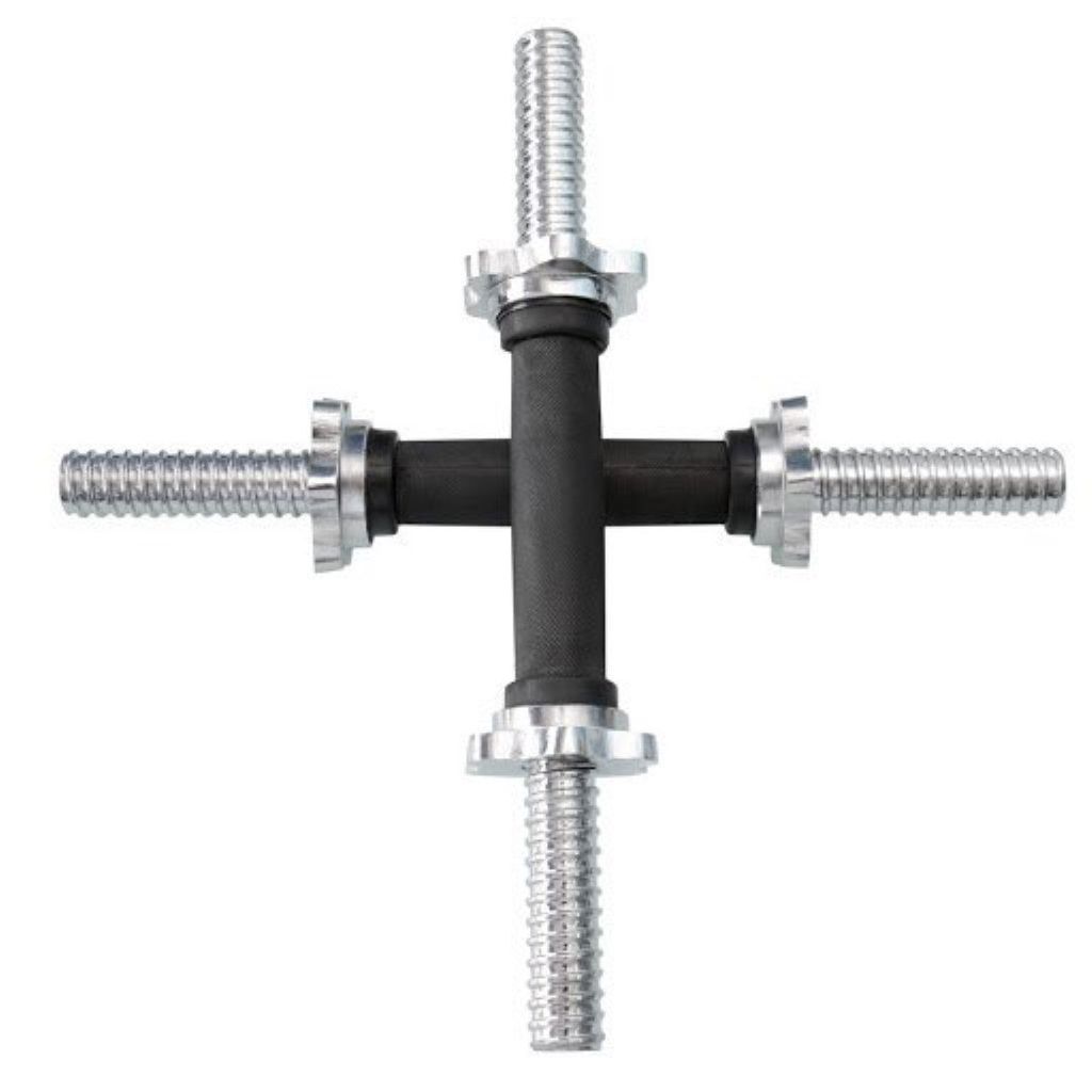 A pair of 15-inch, 1-inch diameter, steel, rubber-coated, weightlifting barbells with a 1-inch diameter hole for attaching weight plates. view 2