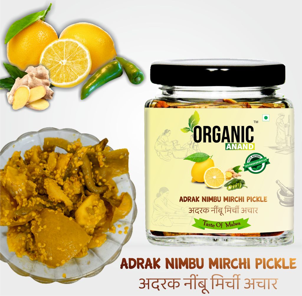 Organic Anand Homemade Ginger Lemon Green Chilli Mix Pickles 250gram Khatta Mix Ghar ka Achaar with Neemwood Spoon Flavourful, Delicious, Traditional Taste