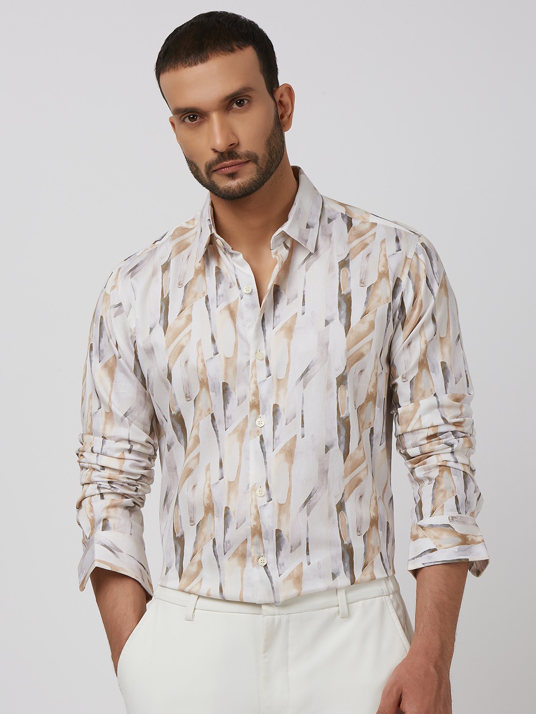 Beige Digital Print Slim Fit Casual Shirt