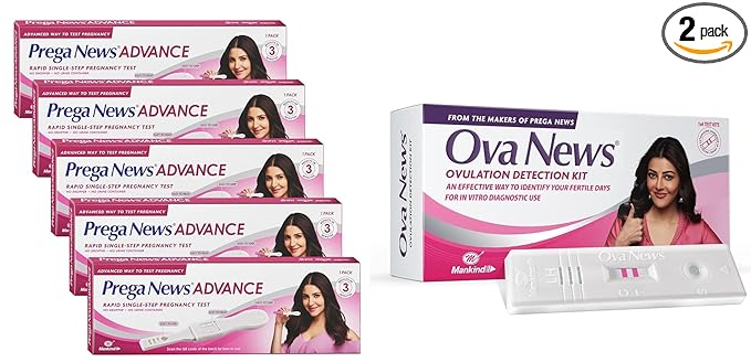 Prega News Advance Test Kit Rapid Single Step Pregnancy Test Kit Device 99 Accurate Results in 3 Mins Pack of 5 and Ova News Ovulation Detection Kit from Prega News