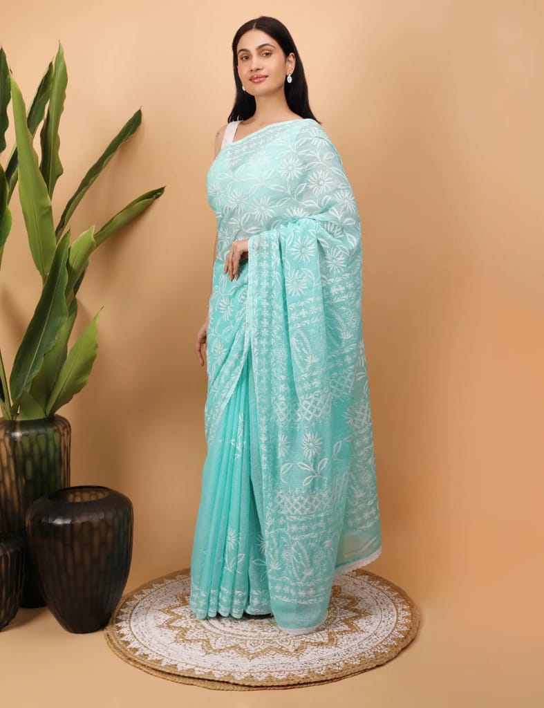 Shwet Cyan Blue Kota Cotton Chikankari Saree view 2