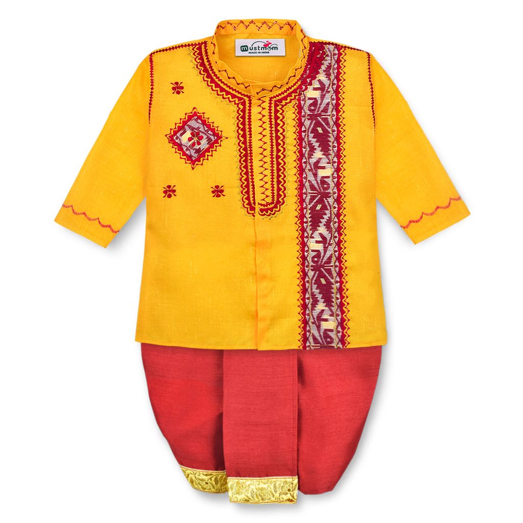 Mustmom Traditional Embroidered Ethnic Dhoti Kurta Set for Baby Boy Annaprasana Choroonu Bhaatkhulai Rice Ceremony Weding Haldi Ceremony