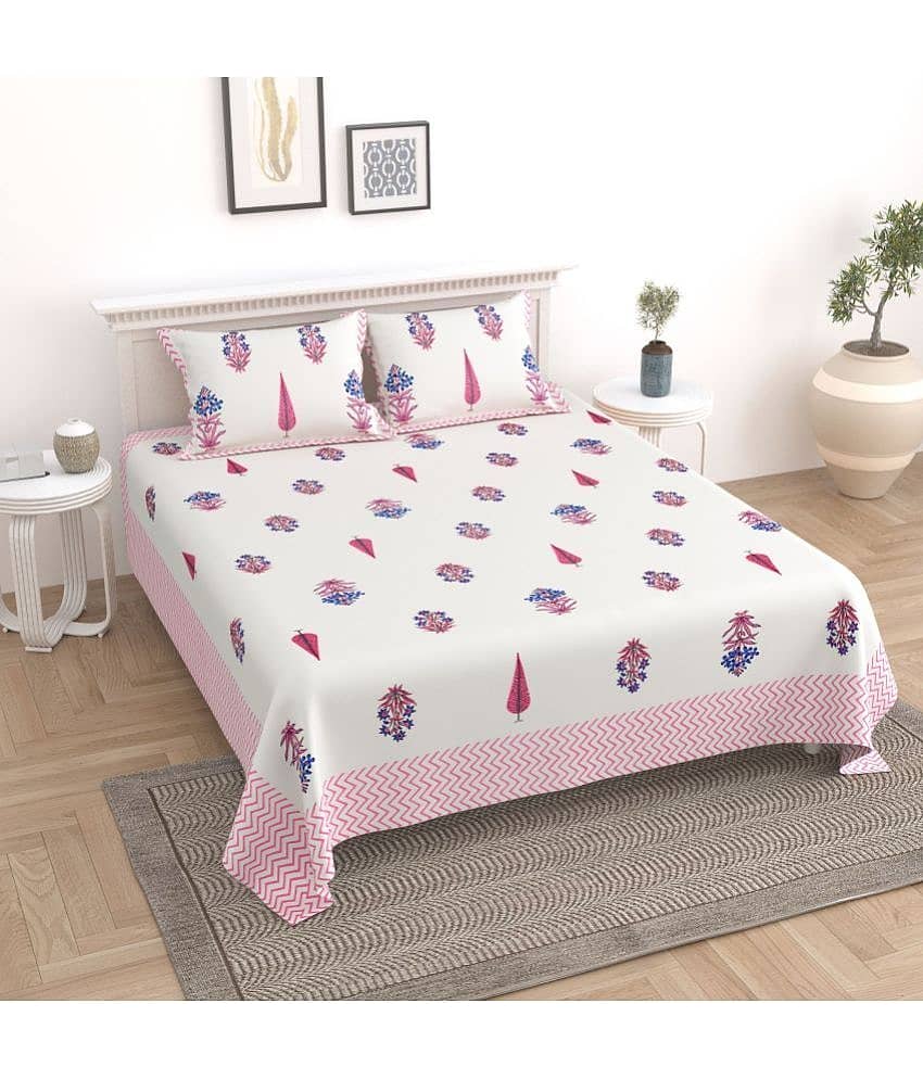Uniqchoice Cotton Floral King Size Bedsheet With 2 Pillow Covers - Green