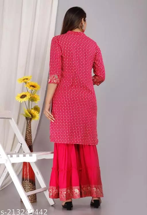 Women Rayon Straight Long Kurti With Pant And Dupatta ( Pink ) view 2