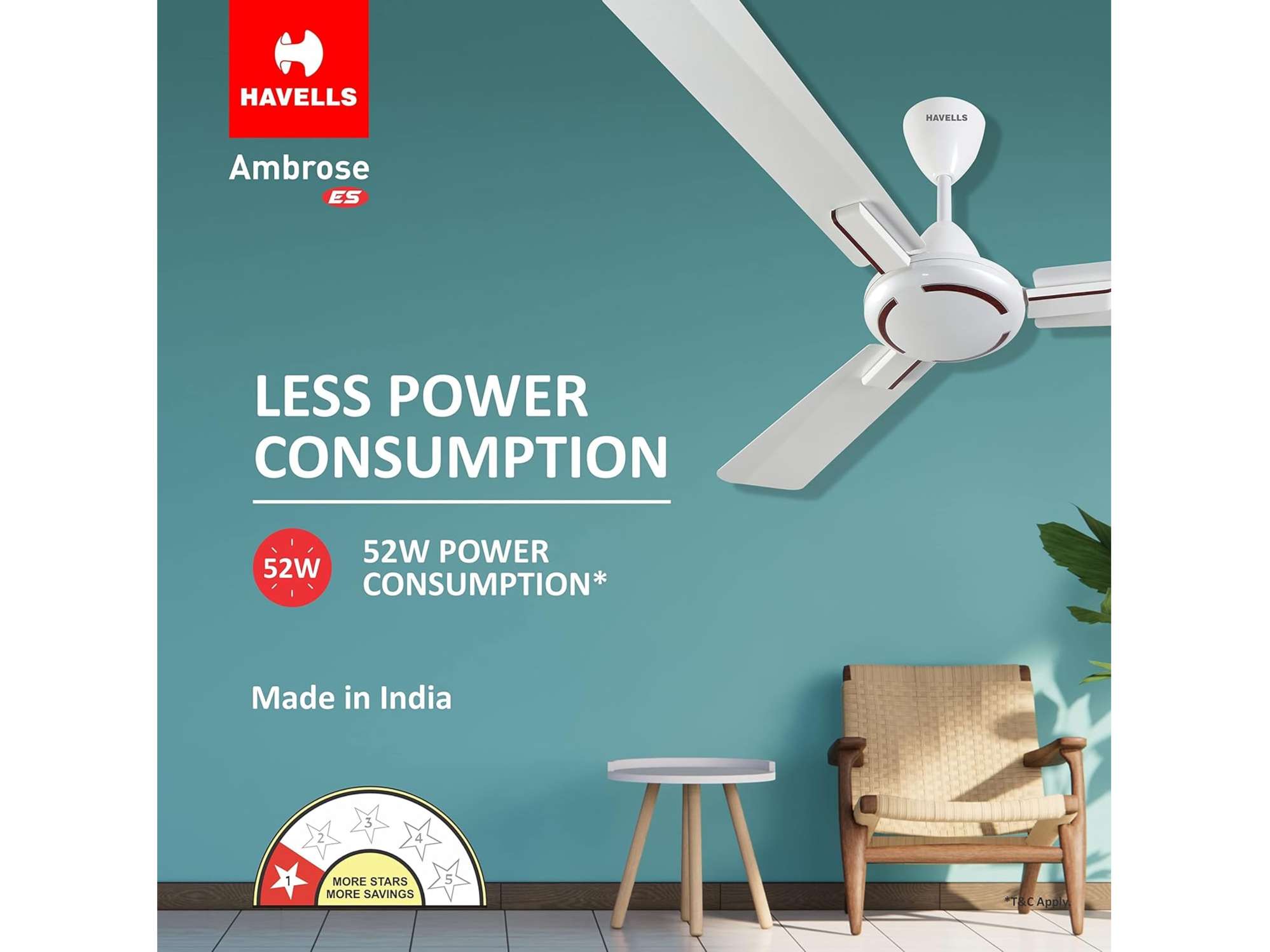 Havells Ambrose 1200mm Energy-Saving High-Speed Ceiling Fan, Cola Espresso - Pearl White Wood view 2