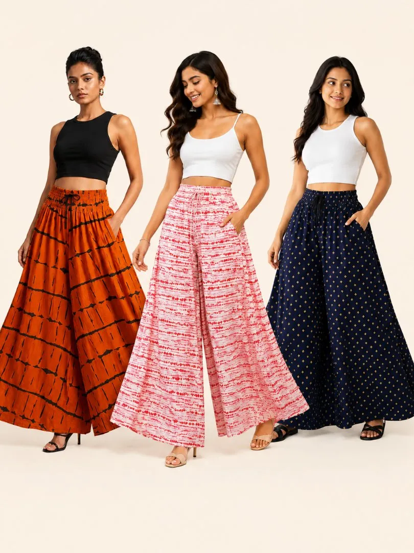 Women's Premium Palazzo Combo Pack of 3 | 2 Rayon + 1 Cotton | Free Size | Flared Palazzo Pants