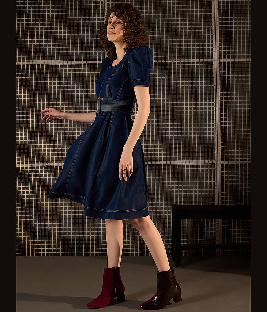 StyleStone Women Denim Solid A-line Dress ( Navy Blue ) view 2