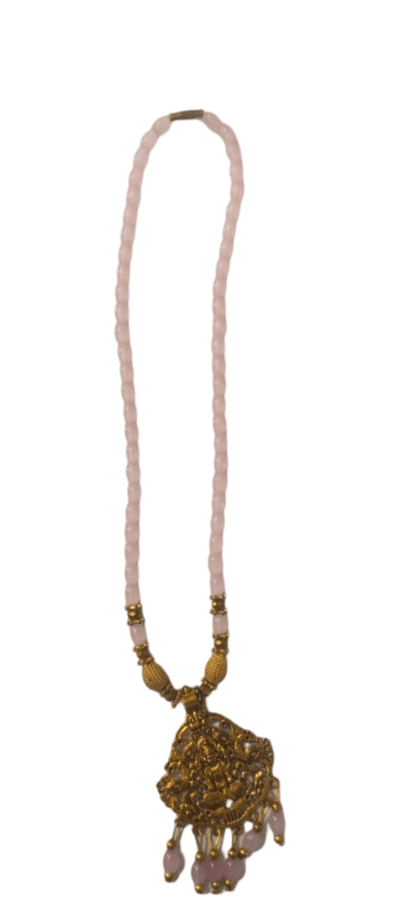 oxidized gold plated pendant set with pink beads mala view 2