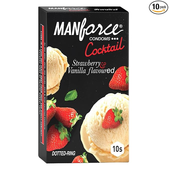 Manforce Cocktail Condoms (Dotted-Rings) Strawberry & Vanilla Flavoured- 10 Pieces