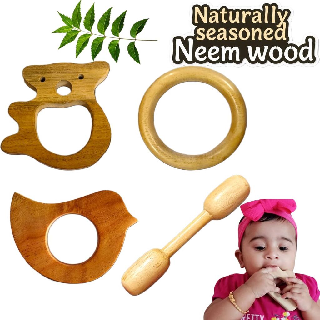 Natural Neem Wood Baby Teething Tiny Toys Set, Natural Ring and Bird Shapes with with Teddy and Dumbble Shape, 4 Pieces view 2