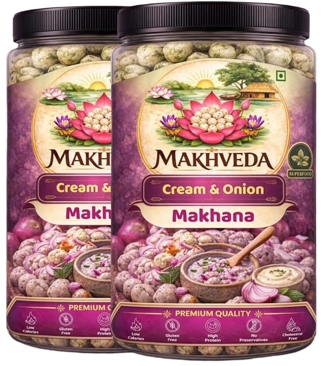 MAKHVEDA - Superfood Cream & Onion Makhana | Roasted Fox Nuts | Crunchy & Creamy Flavour | Healthy Snack | Low Calorie, High Protein, Gluten Free | Premium Lotus Seeds