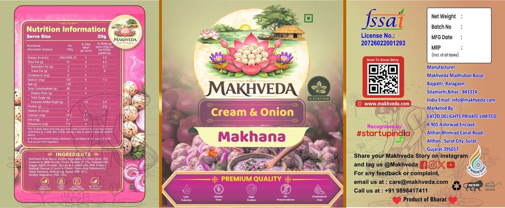 MAKHVEDA - Superfood Cream & Onion Makhana | Roasted Fox Nuts | Crunchy & Creamy Flavour | Healthy Snack | Low Calorie, High Protein, Gluten Free | Premium Lotus Seeds view 2