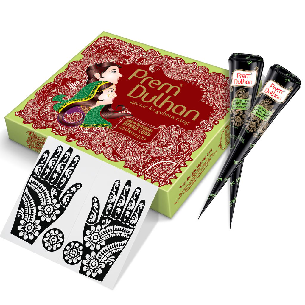 Prem Dulhan Brown Henna Cones Box 12 Pcs with Flower Stencils Green Box view 2