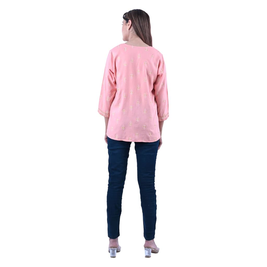 Women's Cotton Fabric Designer Block Printed with Zari Work A-line Top Color- Light Pink view 2