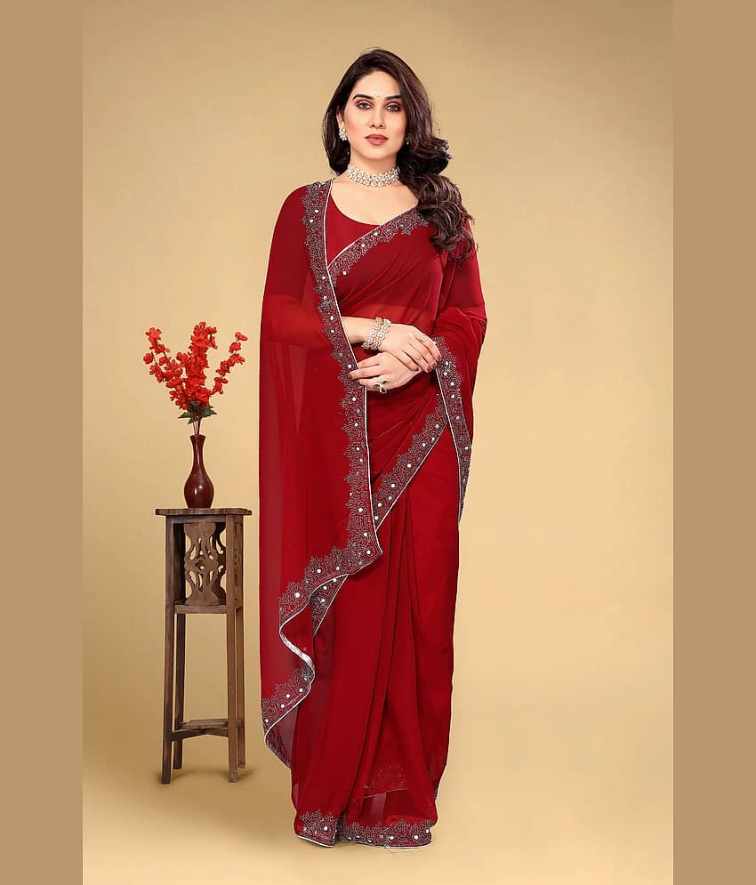 VEERAIVA Georgette Embroidered Saree With Unstitched Blouse Piece ( Lavender ) view 2