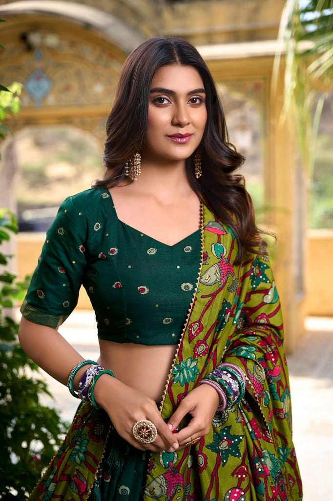 Shringar House Traditional Premium Floral Print & Foil Work Lehenga Choli Set for Wedding, Ethnic Wear with Embroidered Gota Patti Border Lehenga Choli Dupatta Set with Unstitched Blouse (Green) view 2