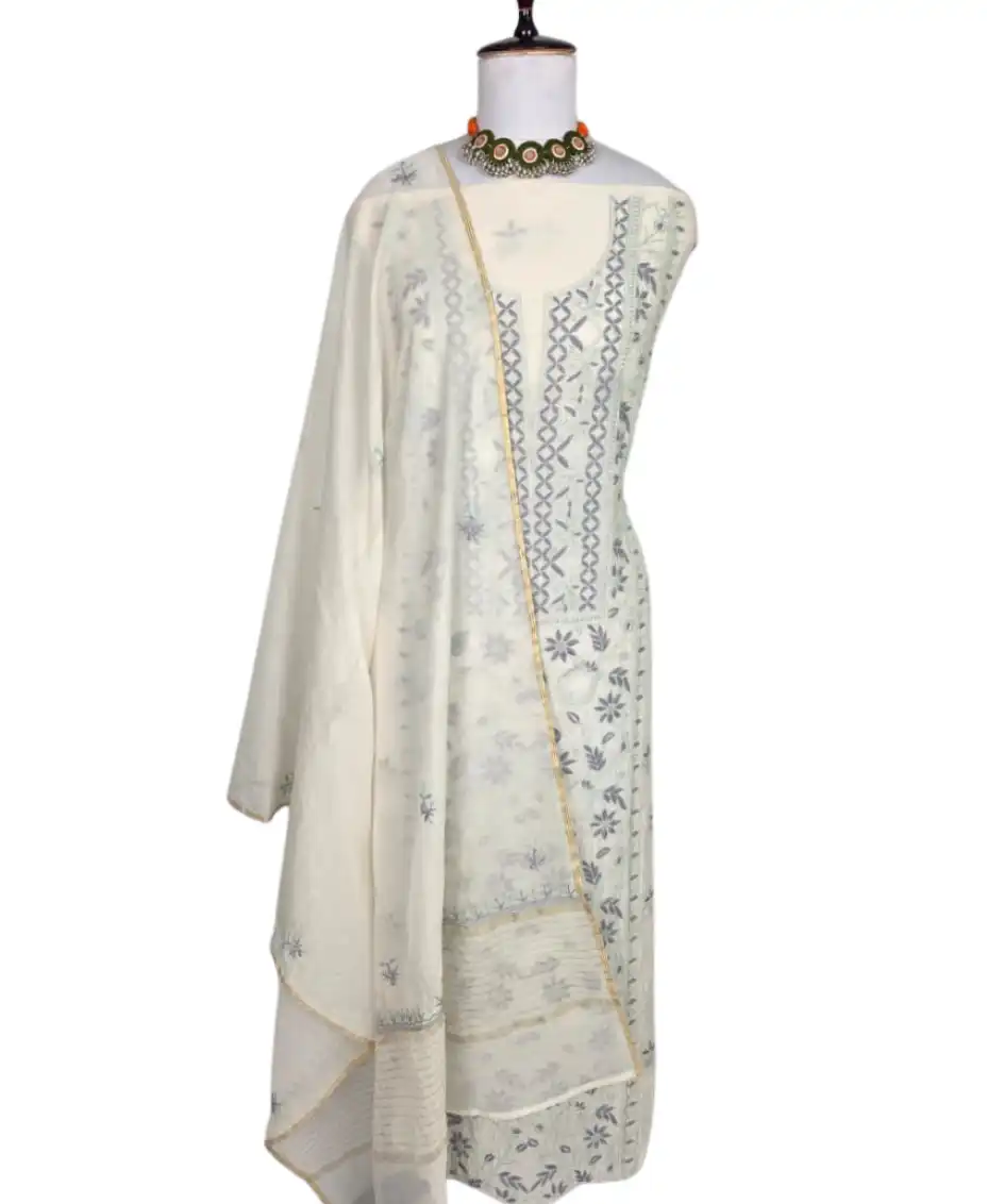Chikankari Mul Chanderi Dress Material Ivory Blue Green