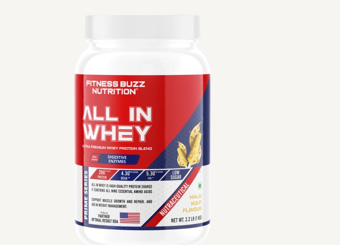 Fitness Buzz Nutrition I Prime Series I All in Whey with Added Digestive Enzymes I 20G Protein Per Serving I 4.3 BCAA Per Serving I 5.3G EAA Per Serving I Low Sugar I Nutraceutical I Veg I Malai Kulfi I 1 KG