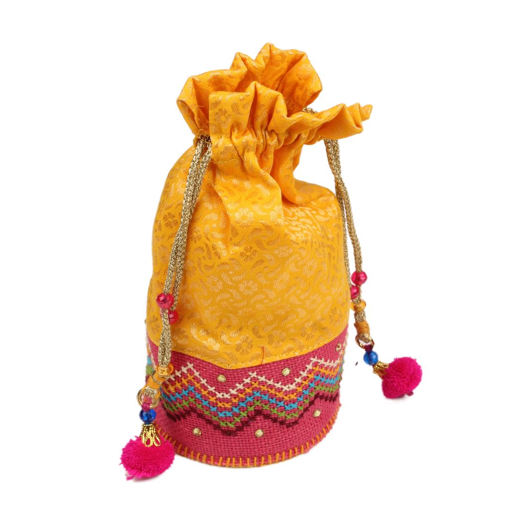 Tribes India Hand Embroidered Round Potli (Yellow) view 2