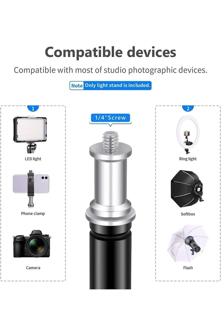 HD Light Stand extendable Upto 7 ft. for Photography, Reflector, Flash Units, Diffuser, Portrait, softbox, Studio Light & More. Ideal for Outdoor, Indoor Shoots. Metal. 1/4 inch Thread Mount. Black view 2