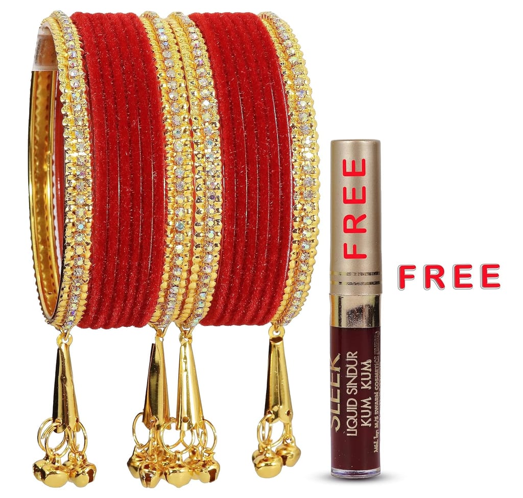 NMII Metal with Zircon Gemstone and Velvet Studded Bells Latkan Bangles Set For Girls and Women I Latkan Bangles, Premium Bangle Bracelet Set I Pack of 16 Bangles view 2