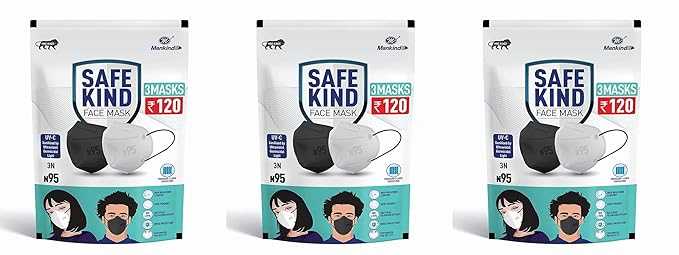 Safekind Mankind N95 Face Masks with 5 Layer Protection (2 Black + 1 White) Pack of 6