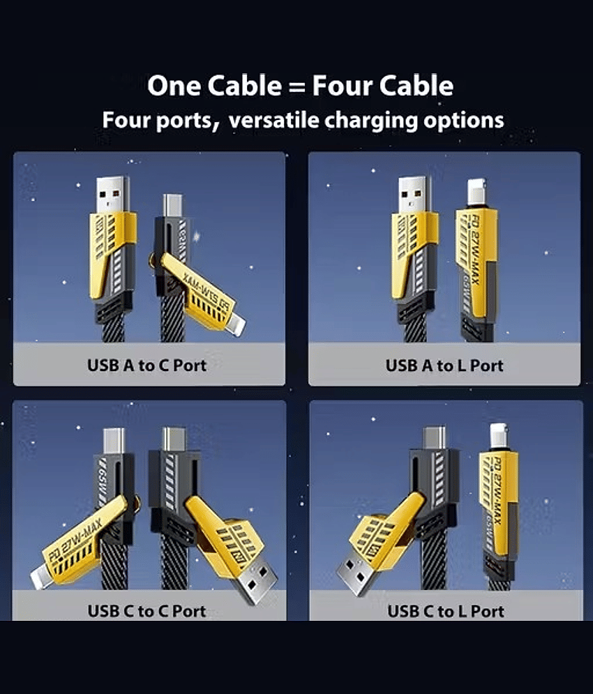 Metal 4-in-1 USB-C Cable, PD 65W 1.2 Meter Fast Charging Cable Metal connecters & Data Sync, Flat Braided Charger Cord with Type C/USB A for laptop iPhone iPad MacBook Samsung view 2