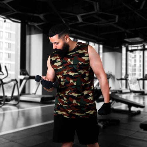 Men's Gym Sleeveless T-Shirt Camouflage Brown - Drifit, Quick Dry Sports Tank Top, Sando Vest view 2