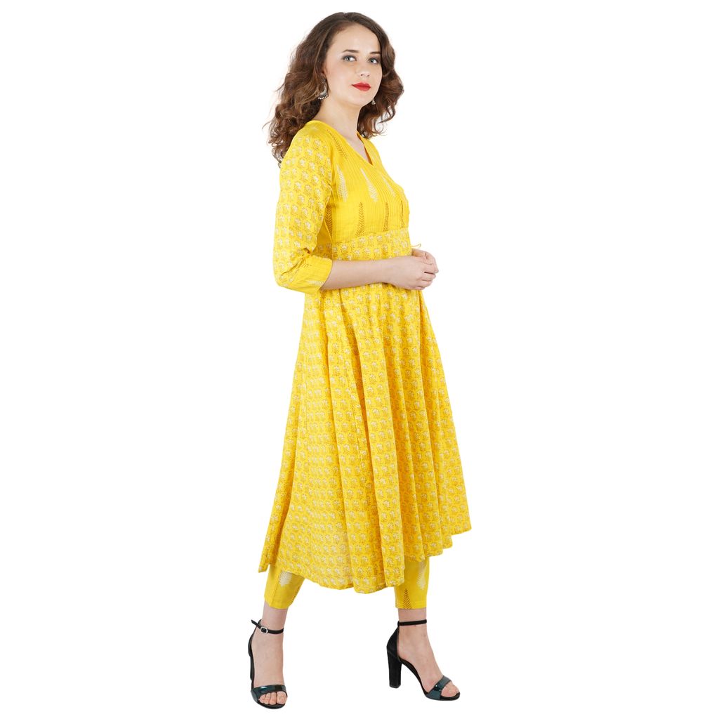 Pintuck Yellow Angrakha Kurti Pant Set view 2
