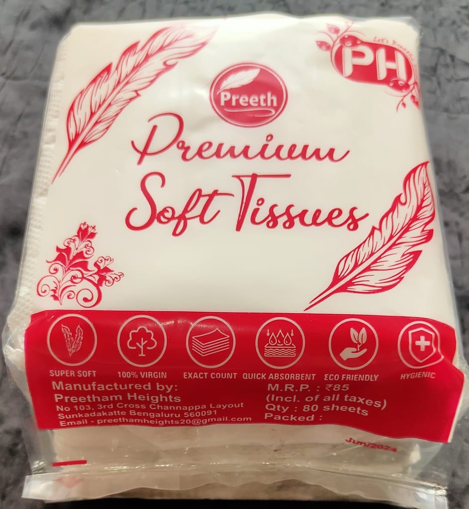Preeth Premium Soft Tissue Papers for Home and Office, 80 Pulls -1 Ply, Size 27x 30cms -Ultra Soft & High Absorbent Pack Of 4, 320 Pulls (pack of 5) view 2