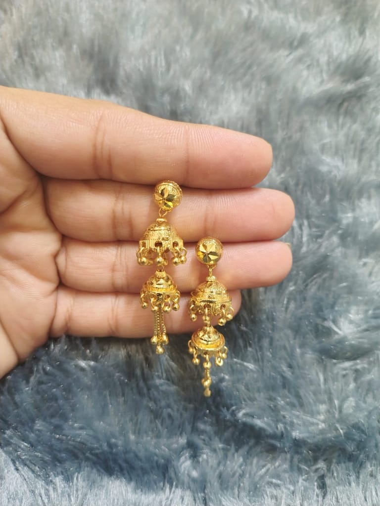 Gold-Plated Traditional Jhumka Earrings for Women & Girls Micro Polished Bell-Shaped Ethnic Drop Design Lightweight Daily Wear Jewellery