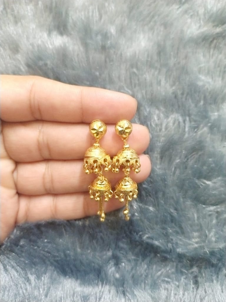 Gold-Plated Traditional Jhumka Earrings for Women & Girls Micro Polished Bell-Shaped Ethnic Drop Design Lightweight Daily Wear Jewellery view 2