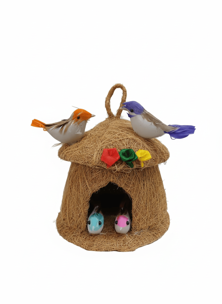 Decorative Bird House with Artificial Birds - Coconut Fibre Handicraft Showpiece