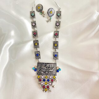 Elegant Long Pendant Style Oxidized Silver Tone Necklace and Earrings Set Brass Alloy Necklace with Earrings for Women