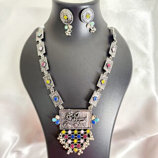 Elegant Long Pendant Style Oxidized Silver Tone Necklace and Earrings Set Brass Alloy Necklace with Earrings for Women view 2