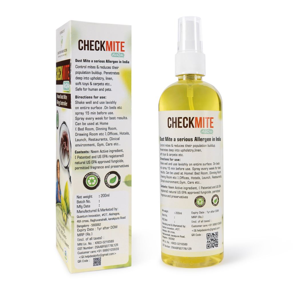 CHECKMITE Dust mites Allergy Control Spray - Natural Remedy - 100% Eco-Friendly, Chemical Free Neem Based Fabric Spray - US EPA Registered - Safe for Pets & Humans - 200ml view 2