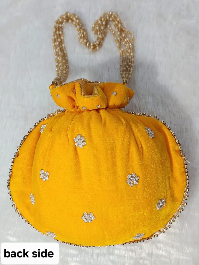 Yellow Velvet Potli Bag With Pearl And Stone Work Online at Best Price in India view 2