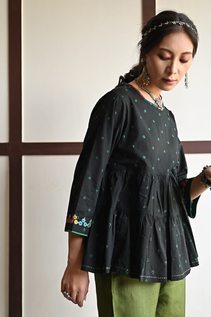 Kaanch Three-Quarter Sleeve Bandhej And Embroidered Black Top view 2