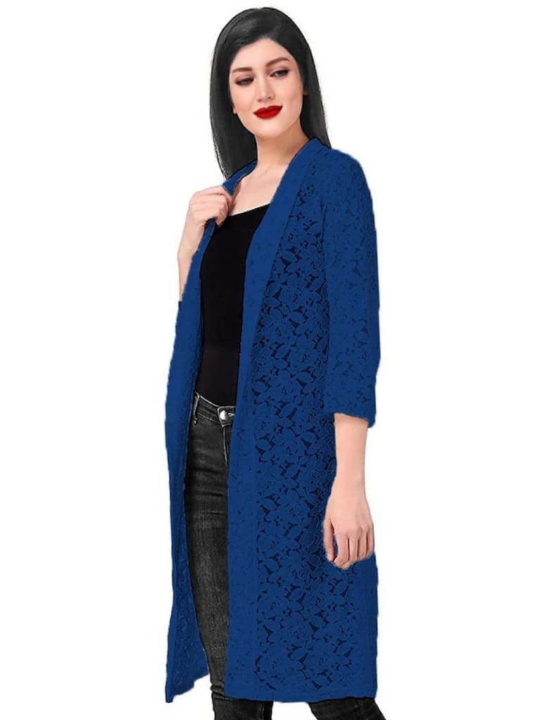 Long Sleeve Blue Shrug Formal Wear Cotton Net Shrug For Women & Girls Both. view 2