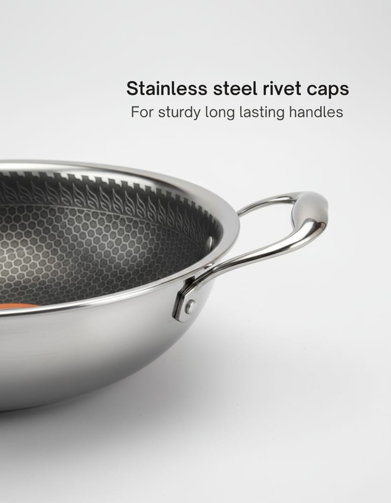 Triply Honeycomb Kadhai with Lid | Stainless Steel Honeycomb Kadhai | Induction & Gas Friendly | Even-Heat 3-Ply Cookware for Healthy Indian Cooking (22cm / 24cm / 26cm) view 2