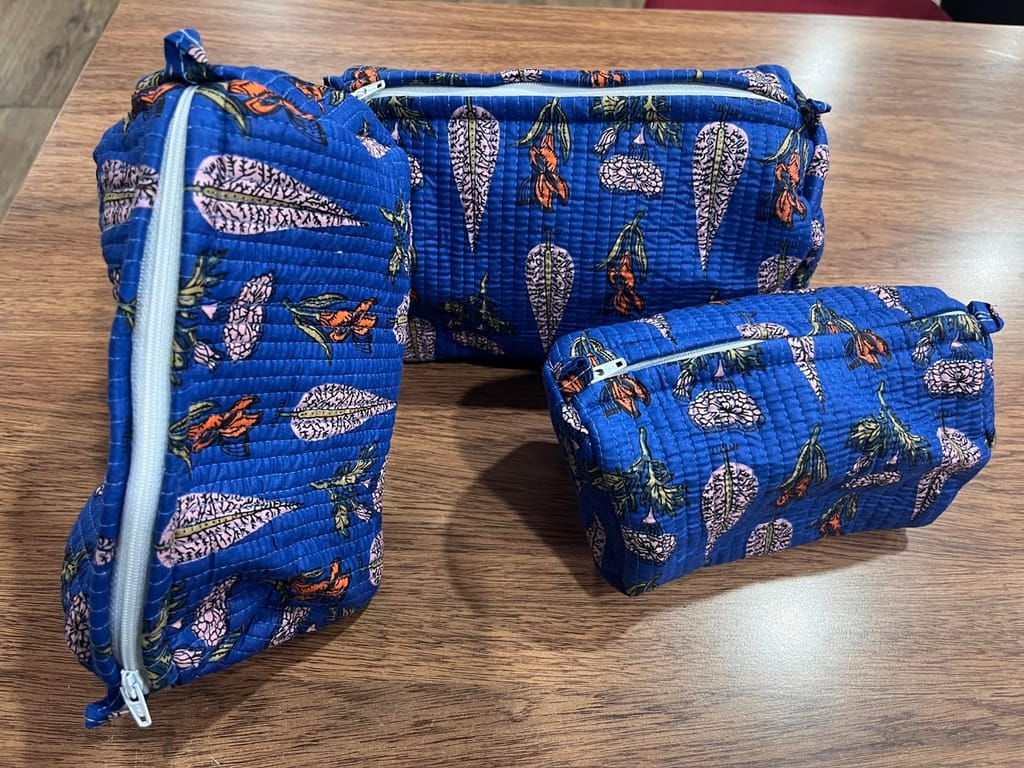 Quilted Cosmetic Pouches Set of 3, Blue Floral Print, Zippered Makeup Bags, Travel Organizer view 2