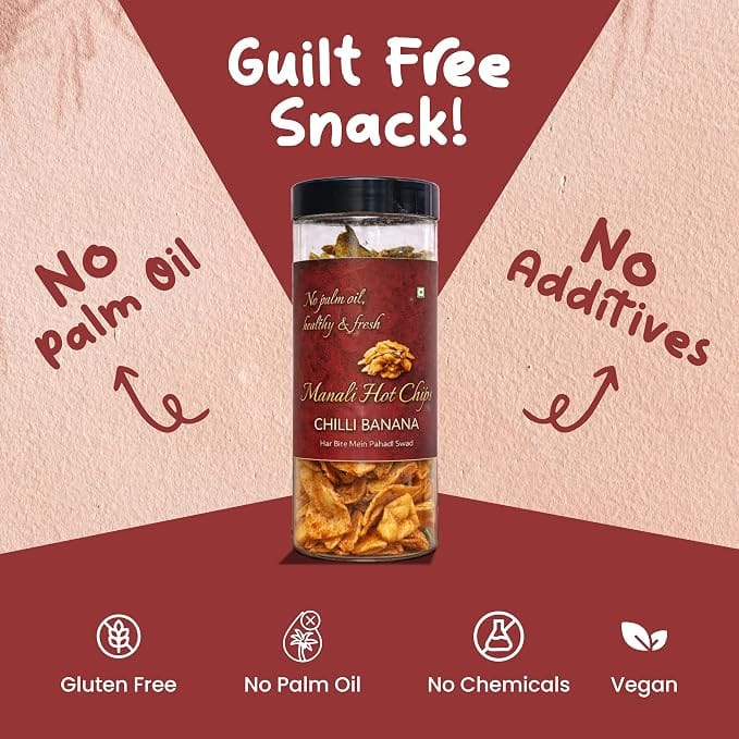 Manali Hot Chips Organic Chilli Banana Flavor 120g | Farm Fresh Thin & Crunchy Crispy Snack | No Palm Oil view 2