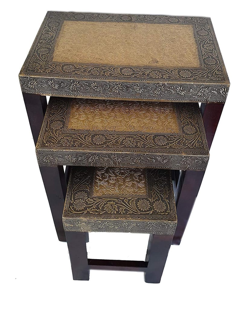 Wood To Cart® Wood Nesting Stools for Living Room,Brass & Wooden Tables, Wooden Stools | Stool Set of 3 view 2