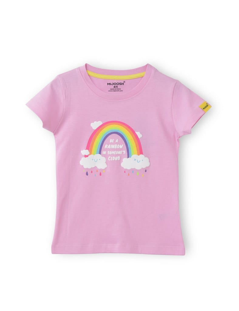 Girls T shirt Cotton Bon Bon Pink Rainbow and Cloud view 2