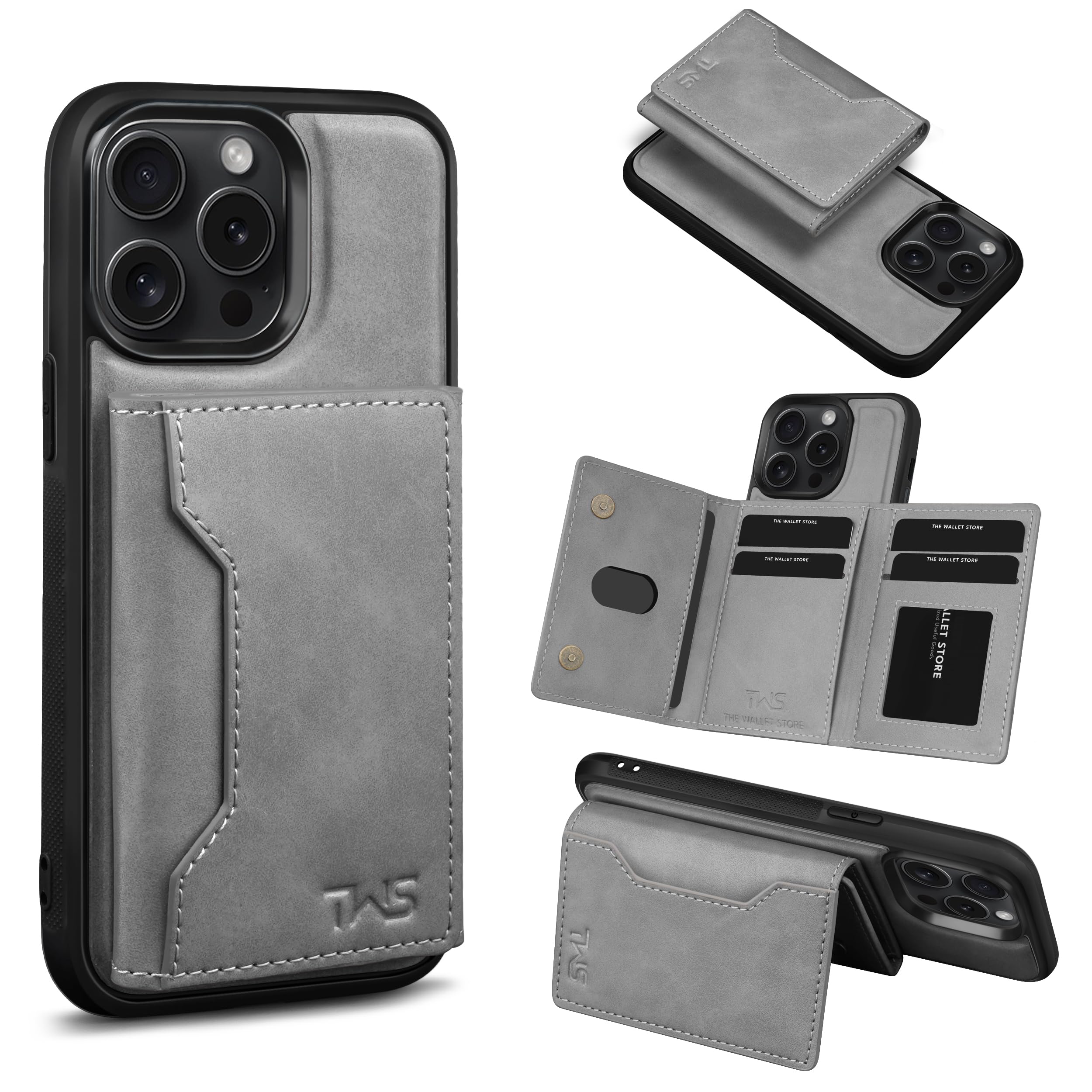 The Wallet Store Premium Leather iPhone Case Cover With Detachable Cardholder - Grey - iPhone 13 Pro