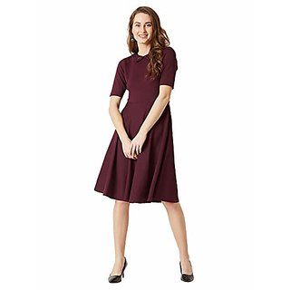 Miss Chase Womens Wine Red Collared Round Neck Half Sleeve Solid Knee-Long Skater Dress view 2