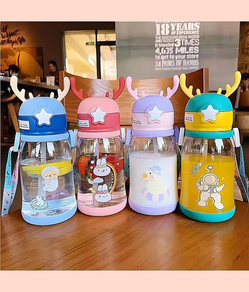 Home Lane Kids Sipper Water Bottle with Straw & Strap Assorted Plastic School Water Bottle 500 mL ( Set of 1 )